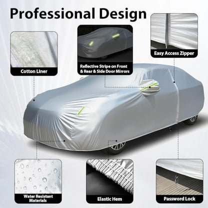 Heavy-Duty Car Cover Waterproof All Weather for Universal Sedan, Outdoor Rain Sun Snow UV Protection, Indoor Dust and Scratch Resistant 3L+ (189 * 71 * 59 inch)