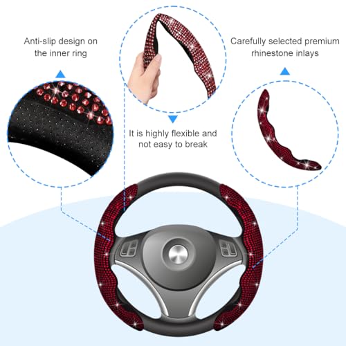 Bling Car Steering Wheel Cover, Rhinestones Non-Slip 15 Inches Vehicle Wheel Cover, Diamond Sparkling Steering Protector for Women Girls, Universal Automotive Accessories (Red) - color: Red