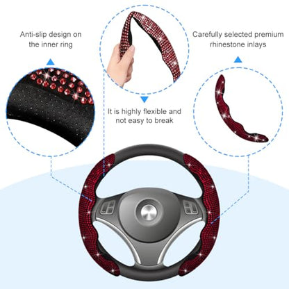 Bling Car Steering Wheel Cover, Rhinestones Non-Slip 15 Inches Vehicle Wheel Cover, Diamond Sparkling Steering Protector for Women Girls, Universal Automotive Accessories (Red) - color: Red