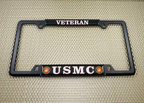 [Officially Licensed US Marine Corps Product] - USMC Veteran - Domed Custom-Made Personalized Narrow (Thin) Top 4 Hole Metal Car License Plate Frame with Free caps - Black Frame (Qty: 1) - color: Black - Style 1