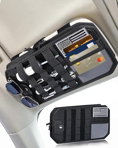 Heavy Duty Molle Car Sun Visor Organizer Tactical Pounch with Flag and Glasses Clip Store Your Daily Items for Most Cars, Trucks, SUVs, Compacts, 12.8"x6.9"x1.2" - color: Black