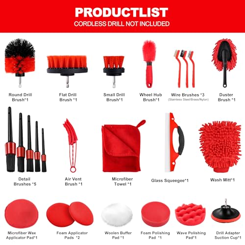 25Pcs Car Detailing Kit with Drill Brushes, Car Cleaning Kit for Interior Exterior, Wheel & Tire Brushes, Polishing Pads for Waxing, Auto Detailing Tools – Gift for Men Dad (25PCS) - size: 25PCS