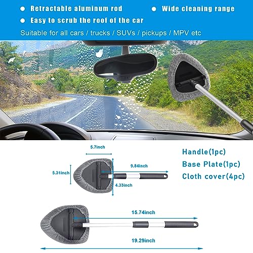 Ziciner Car Windshield Cleaner, Microfiber Auto Cleaning Wiper with Aluminum Extendable Handle and 2 Washable Reusable Cloth Pad Head, Universal Vehicle Interior Exterior Cleaner Kit (Gray-Triangle) - size: Gray-Triangle