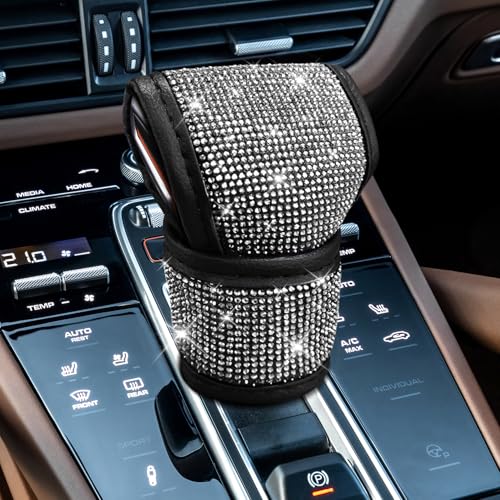 Bling Car Gear Shift Knob Cover, Anti-Slip Waterproof Gear Shifter Stick Protector, Leather Auto Gear Shift Knob Cover with Crystal, Universal Car Interior Accessories for Vehicles (White) - color: White