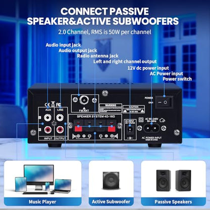 AMP-10 Bluetooth Amplifiers RMS 50WX2 Stereo Audio Amp Receivers for Home Speaker 2.0 Channel Max 600W Output Mini Power Amplifier w/FM Radio, Echo, MIC, USB, SD Input for Home,Car Audio