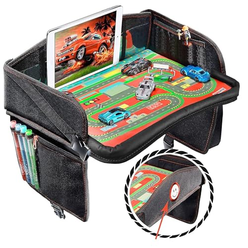 Coolmum Kids Travel Tray, Toddler Car Seat Tray, Double Sided Activity Organizer, Snack Lap Tray, Baby Stroller Table, Airplane Play Table, Waterproof and Foldable (Premium Black) - color: Premium Black