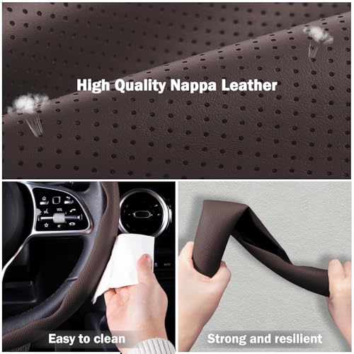 Nappa Leather Car Steering Wheel Cover for Men Women, Ultra-Thin Non-Slip Breathable Microfibre, Universal for 14.5"-15" Steering Wheel - Brown - color: Brown