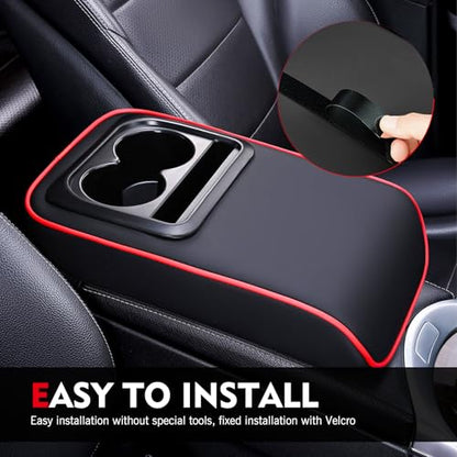Car Middle Center Console Cover with Cup Holder, Leather Car Armrest Cover, Multi-functional Armrest Storage Pad, Universal for Most Vehicles (Black & Red) - color: Red