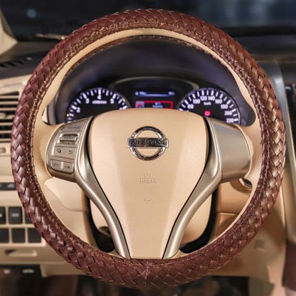 Carwales Elegant Men Steering Wheel Cover Leather for Car Hand-Made Wheel Wrap Hand Woven Universal 14.5-15 Inch Brown - color: Brown