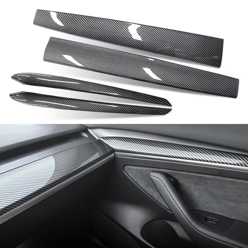Dashboard & Door Trim Cover Wrap for Tesla Model Y 2019-2024, Model 3 2021-2023 -Gloss Carbon Fiber Pattern ABS 4PCS Interior Armrest Panel Protection Kit, Adhesive Style Upgrade - color: Gloss Carbon Fiber