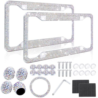 Timtin 2 Pcs Bling License Plate Frame Sparkly Rhinestone Diamond Accessories Stainless Steel Front License Plate Cover with Bling 4 Crystal Tire Valve Caps 1 Start Ring Sticker(Colorful) - color: Colorful