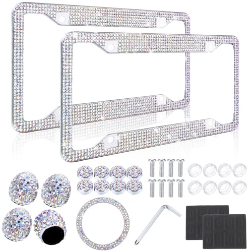 Timtin 2 Pcs Bling License Plate Frame Sparkly Rhinestone Diamond Accessories Stainless Steel Front License Plate Cover with Bling 4 Crystal Tire Valve Caps 1 Start Ring Sticker(Colorful) - color: Colorful