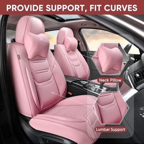 TIEHESYT Pink Car Seat Covers Front Pair, Breathable Leather Automotive Front Seat Covers & Headrest, Auto Seat Cover, Compatible with Most Cars Sedans SUV Pickup Trucks - color: Cute Pink, size: Front Pair