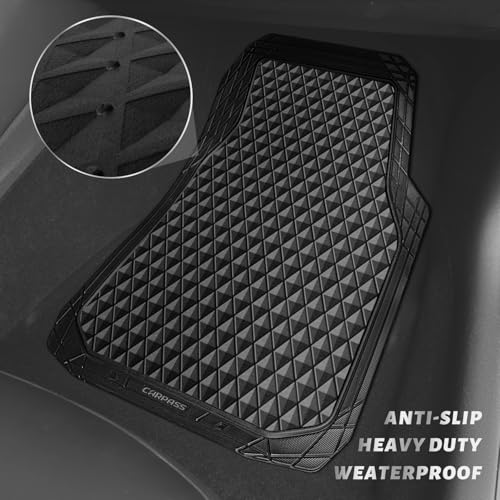 CAR PASS Black Rubber Car Mats, All-Weather Floor Mats Full Set Durable Anti-Slip 3D Rhombus Waterproof Automotive Pad Trim to Fit Liner Universal Fit for Sedan SUV Truck Van, 4 Pcs All Black Rubber - color: Black