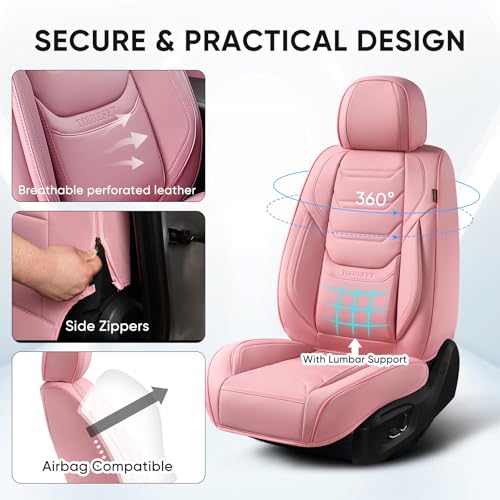 TIEHESYT Pink Car Seat Covers Front Pair, Breathable Leather Automotive Front Seat Covers & Headrest, Auto Seat Cover, Compatible with Most Cars Sedans SUV Pickup Trucks - color: Cute Pink, size: Front Pair