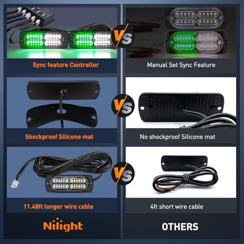 Nilight 4PCS LED Strobe lights 12V 24V Sync Feature Green White 24LED Emergency Hazard Warning Lights with Controller Hard Wire or Cigarette Lighter Plug for Car Truck RVs Campers - color: Green White w/Controller