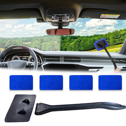 Windshield Cleaning Tool, Extendable Handle Car Window Cleaner with 4 Reusable Microfiber Pads, Auto Inside Glass Wiper for Car Windscreen Cleaning - color: Dark blue