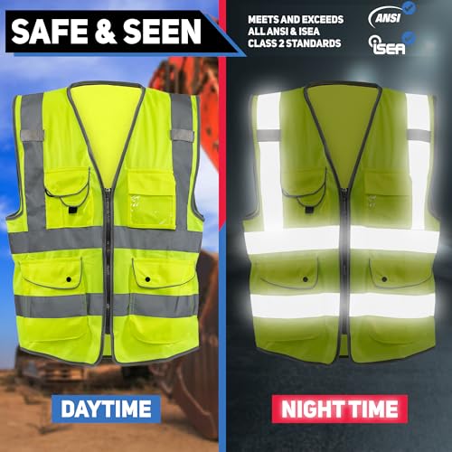 Neiko High Visibility Safety Vest ANSI Class 2, 9 Pockets - size: Large, style: Vest