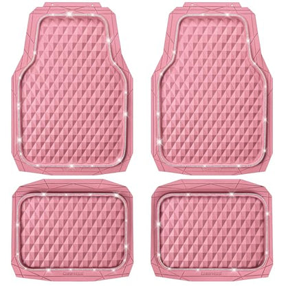 CAR PASS Bling Diamond Rubber Car Mats, Heavy Duty Deep Dish All-Weather Floor Mat Full Set Anti-Slip 3D Rhombus Waterproof Trim Fit Liner Universal Glitter Sparkly Shining Rhinestone, Pink Rubber - color: Pink Diamond