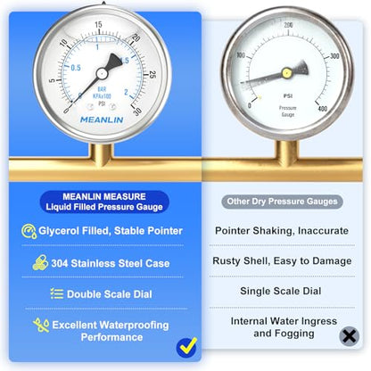 MEANLIN MEASURE 0~30Psi Stainless Steel 1/4" NPT 2.5" FACE DIAL Liquid Filled Pressure Gauge WOG Water Oil Air Center Back Mount, with 1/2" NPT and 3/8" NPT Hex Bushing - size: 0-30psi