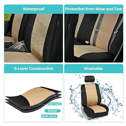 FH Group Waterproof Neoprene Car Seat Covers Rear Set– Universal Fit Split Bench Back Seat Cover, Durable Automotive Seat Protector for Cars, SUVs & Vans, Beige/Black - color: Beige, style: Rear Set