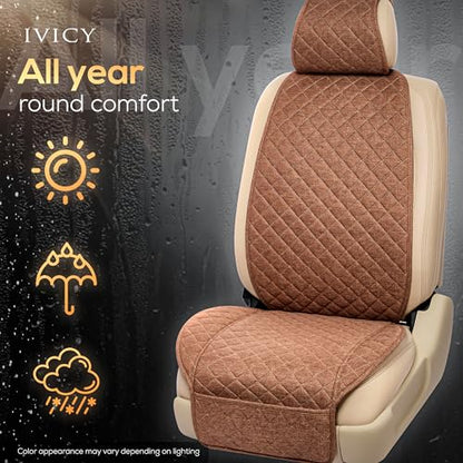 IVICY Faux Linen Front Car Seat Cover – Durable, Non-Slip Seat Protector for Cars – 1 Unit, Light Brown - color: BROWN HYB LN