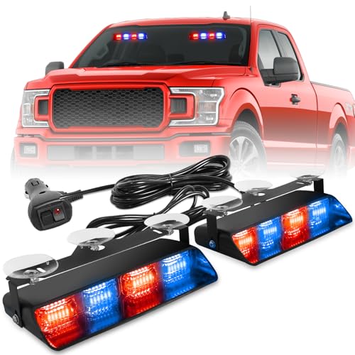 HLauto 2002L Emergency Dash Strobe Lights: Red Blue Safety Lights, Flashing Warning Hazard Windshield Visor Traffic Light Bars for Trucks, Construction Vehicles (2x8.5 inch, 48LED) - color: Red/Blue