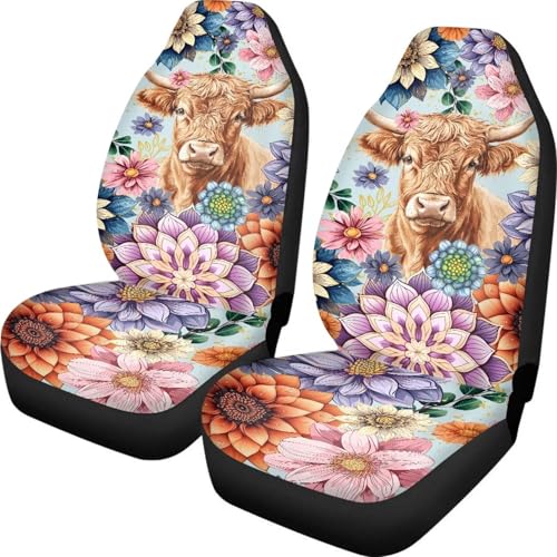 Anti-Slip Car Seat Cover Front Seats Only,Boho Mandala Highland Cow Comfort Automotive Car Interior Covers Vehicle Cushion Seat Cover Set,Auto Interior Decoration - color: Boho Mandala HIghland Cow