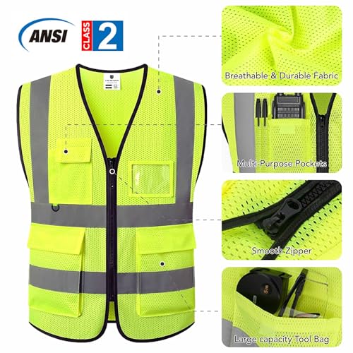 caparazon Unisex High-Visibility Reflective Safety Vest with Zippered Pockets - ANSI/ISEA Certified for Enhanced Work Safety - color: Yellow