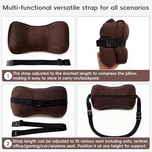 Carwales Car Neck Pillow for Travel Recliner Headrest Cushion Couch Office Chair Memory Foam Lower Back Support Lumbar Pain Relief Ergonomic Design Extension Adjustable Strap Driving Brown 1 Pack - color: Brown