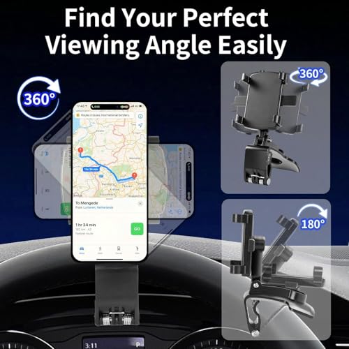 YUHENG Car Phone Holder Mount for Dashboard Rearview Mirror Sun Visor,360° Rotation & Strong Grip,Universal Adjustable Phone Clamp for iPhone 17 Pro Max 3–7” Phones | One-Hand Use, No-Block View