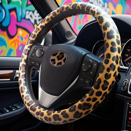 Universal Leather Leopard Cheetah Steering Wheel Cover Women 14.5-15 inch Leopard car Accessories Western Anime Brown Cute Wheel Cover Hip Hop Anti-Slip Car Protecter for Men - color: Leopard Print