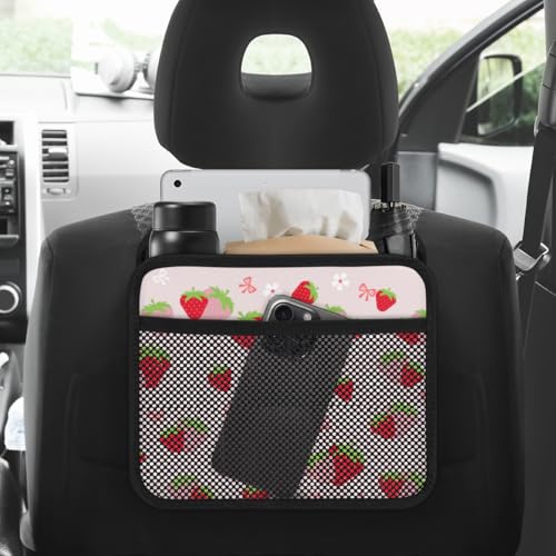 Cute Strawberry Print Car Organizer for Kids, Backseat Headrest Storage Bag, Adorable Cartoon Fruit Pattern, Foldable Waterproof PU Leather Organizer, Perfect for Mom and Baby