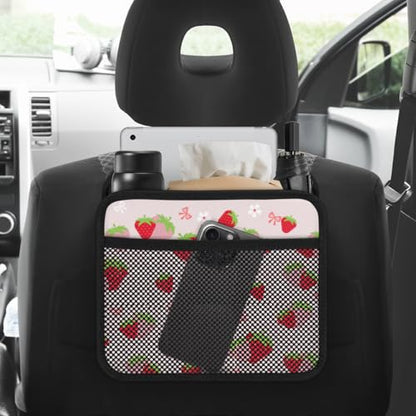 Cute Strawberry Print Car Organizer for Kids, Backseat Headrest Storage Bag, Adorable Cartoon Fruit Pattern, Foldable Waterproof PU Leather Organizer, Perfect for Mom and Baby