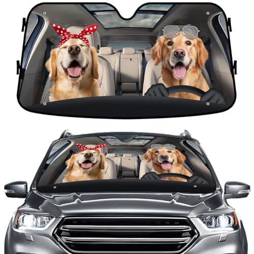 GENANY Cute Golden Retriever Dog Couple Funny Windshield Sun Shade for Car SUV Truck (55x30 Inches), Sun Shade Windshield, Protector Blocks UV, Spring Car Decor - color: 1.Golden Retriever Couple, size: Size S