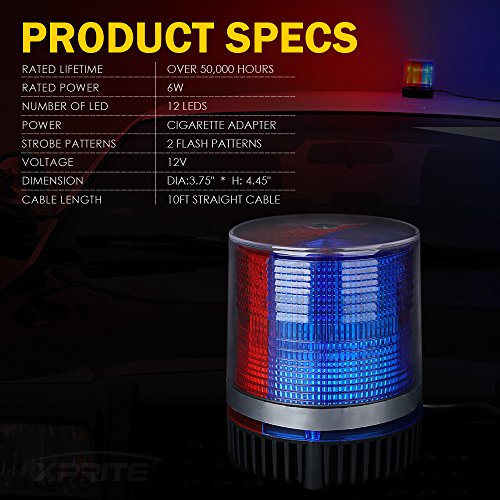 Xprite Red&Blue LED Beacon Light w/Magnetic Base，Safety Warning Police Flashing Lights for Law Enforcement Vehicles Forklift Patrol Security Trucks Cruiser UTV ATV Snowplow Volunteer - color: Red Blue