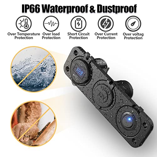 Cigarette Lighter Socket 12V Splitter with Rocker Toggle Switch, Dual Quick Charge 3.0 Aluminum Metal 12 Volt USB Outlet with LED Voltmeter, Waterproof Cigarette Lighter Adapter Female Socket Plug DC
