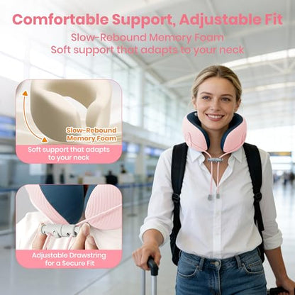Medicane Pink Neck Travel Pillow with Massage, Neck Massager with Heat & Gentle Vibration Massage with Ergonomic Foam,Perfect for Airplane,Car,Office,Pain Relief,Sleeping,Traveling,Long Flight - color: Pink