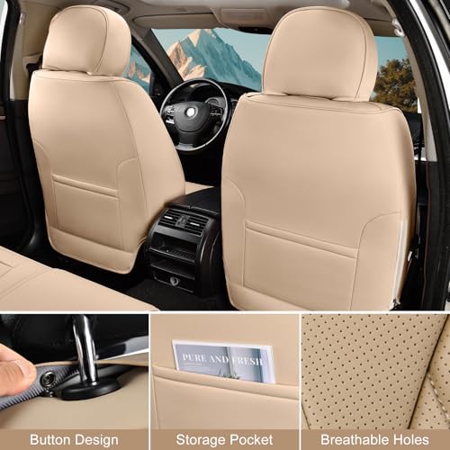 TIEHESYT Beige Car Seat Covers Full Set, Breathable Leather Automotive Front and Rear Seat Covers & Headrest, Automotive Seat Cover, Compatible with Most Cars Sedans SUV Pickup Trucks - color: Faddish Beige, size: Front Pair and Rear
