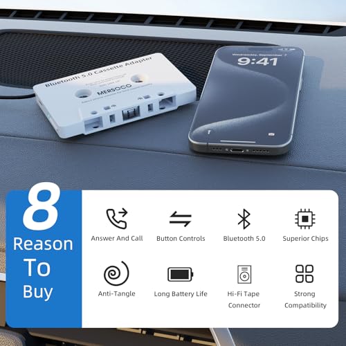 Car Audio Bluetooth 5.0 Cassette Receiver, Cassette Bluetooth Adapter for Car Tape Player, Wireless Cassette Aux Adapter with Hands-Free Calling, Universal Compatibility for Smartphone,Tablet(White)