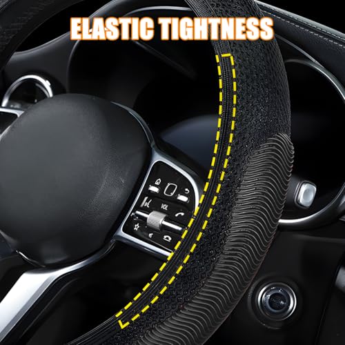 Elastic Stretch Car Steering Wheel Cover, Breathable No Inner Ring Vehicle Steering Wheel Protector, 15 Inch Ice Silk Anti Slip Automotive Accessories, Universal Fit (Black) - color: Black