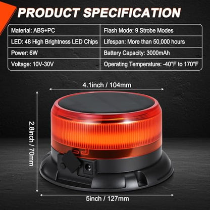 Solar Amber Strobe Light, 48 LED Rechargeable Emergency Warning Beacon Light with 9 Flash Modes, Magnetic Mount, IP68 Waterproof for Trucks, Forklifts, Tractors, Golf Carts, UTV, Car, Bus