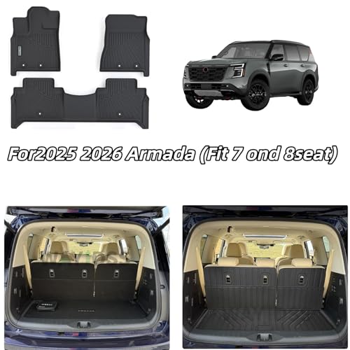 Floor Mats for 2025 2026 Nissan Armada & Infiniti QX80(Fit 7 and 8seat) with Trunk Mat 8PC TPE All-Weather Set - Custom Fit Non-Slip Floor+Cargo Liners Accessories - size: For 2025-2026 armada&QX80(7-8seat)