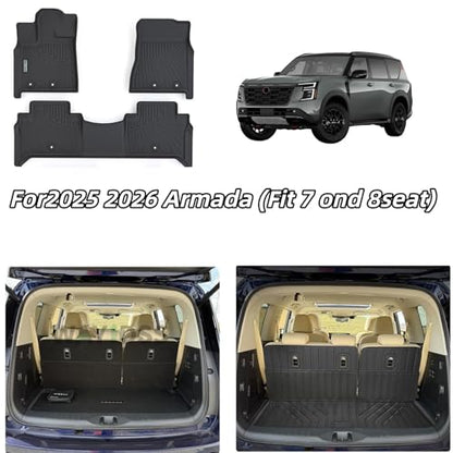 Floor Mats for 2025 2026 Nissan Armada & Infiniti QX80(Fit 7 and 8seat) with Trunk Mat 8PC TPE All-Weather Set - Custom Fit Non-Slip Floor+Cargo Liners Accessories - size: For 2025-2026 armada&QX80(7-8seat)
