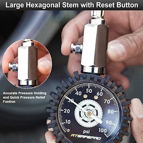 Tire Pressure Gauge 100psi Glow in The Dark, ATsafepro 2.5” Dial Mechanical Tire Gauges for Tire Pressure, Certificated Accuracy Analog Air Pressure Gauge for Cars, Trucks, Bicycles. - size: 100PSI