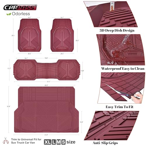 CAR PASS Heavy Duty Rubber Car Mats with Cargo Liner, Deep-Dish Car Floor Mats and Trunk Mat All Weather, Universal Trim-to-Fit for SUVs Trucks Sedans, Waterproof Anti-Slip, Trimmable V12 Burgundy - color: Red Full Set