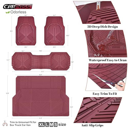 CAR PASS Heavy Duty Rubber Car Mats with Cargo Liner, Deep-Dish Car Floor Mats and Trunk Mat All Weather, Universal Trim-to-Fit for SUVs Trucks Sedans, Waterproof Anti-Slip, Trimmable V12 Burgundy - color: Red Full Set