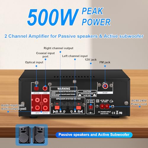 Romica AK55 Stereo Audio Amplifier, 2 Channel 500W Bluetooth 5.0 Home Audio Stereo Receivers with FM, Echo, AUX, USB, SD, MIC, Optical & Coaxial Inputs, AMP for Passive Speakers and Active subwoofer - style: 2.0 CH With Opt/Coax Input
