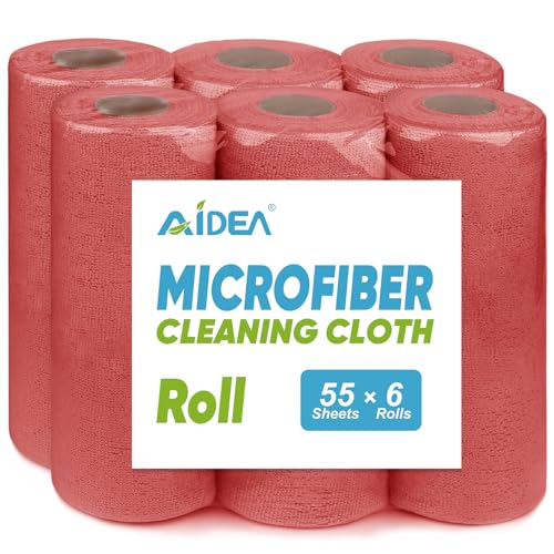 AIDEA Microfiber Cleaning Cloth 330 Sheets(6 Roll), Microfiiber Cloth for Cleaning Car, Reusable Paper Towels, Red Shop Rags Microfiber Towels for Automotive, Mechanic, Workshops, House-11×9" - color: Red, size: 55 Count (Pack of 6)