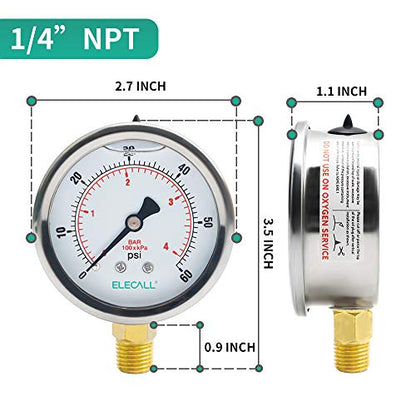 2-1/2" Glycerin Liquid Filled Air Pressure Gauge, 0-60Psi, 1/4”NPT Lower Mount, Stainless Steel Case, Brass Internals, Water Pressure Gauge - size: 0-60 Psi